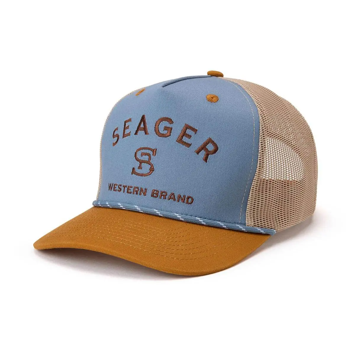 Seager Branded Trucker Snapback Hat - Blue/Tan 1
