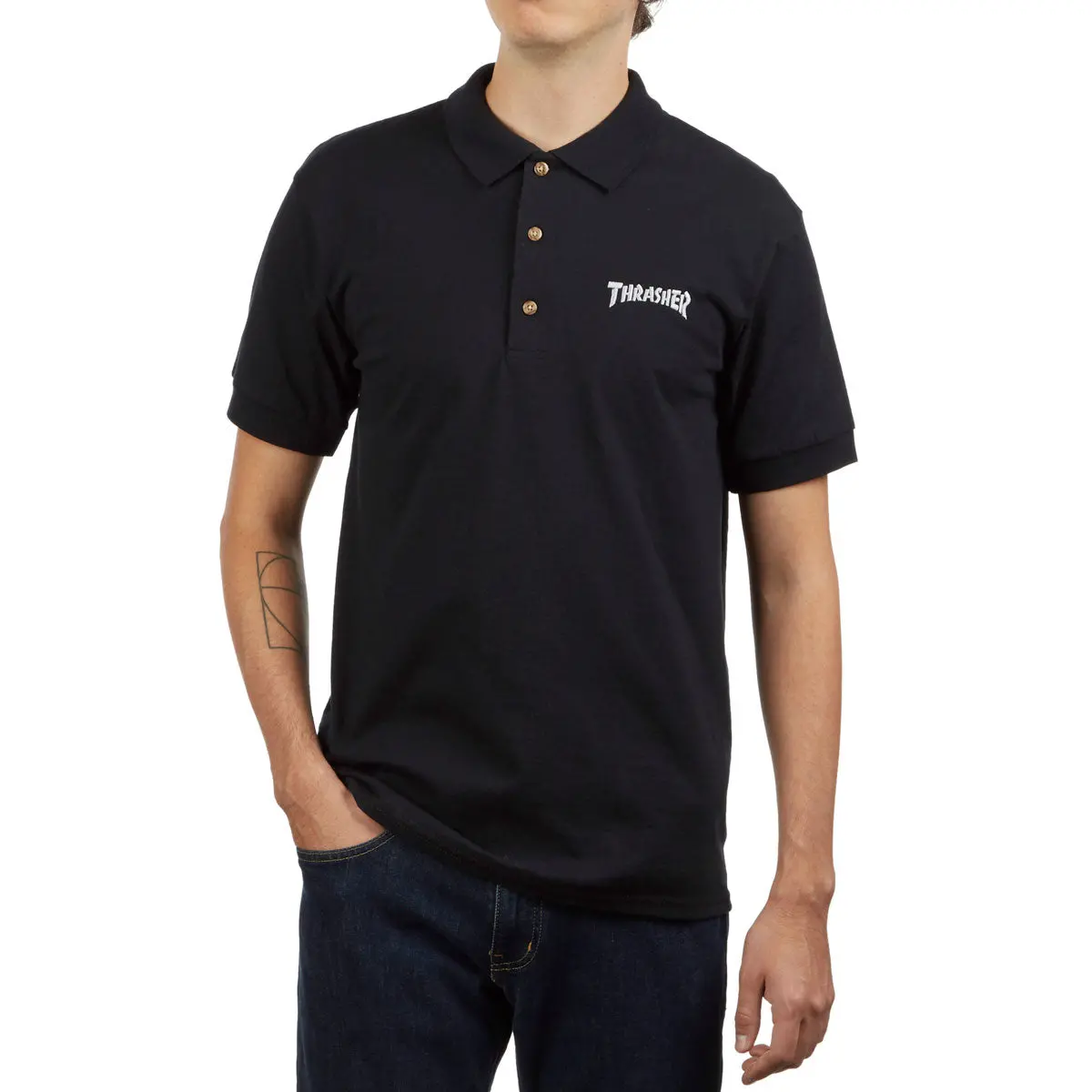 Thrasher Logo Embroidered Polo Shirt - Black 1