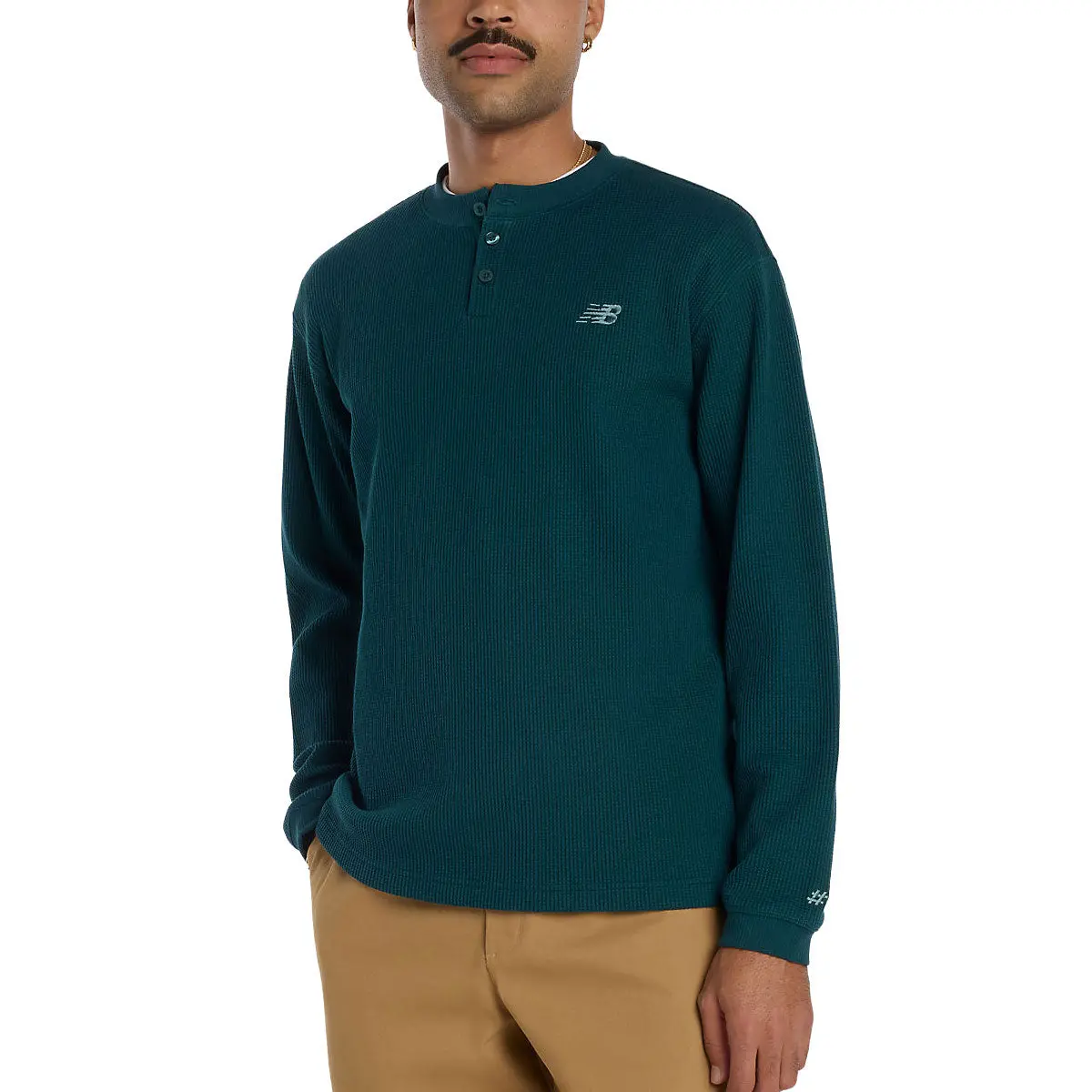 New Balance Numeric Waffle Knit Long Sleeve Henley Shirt - Medusa Green 1