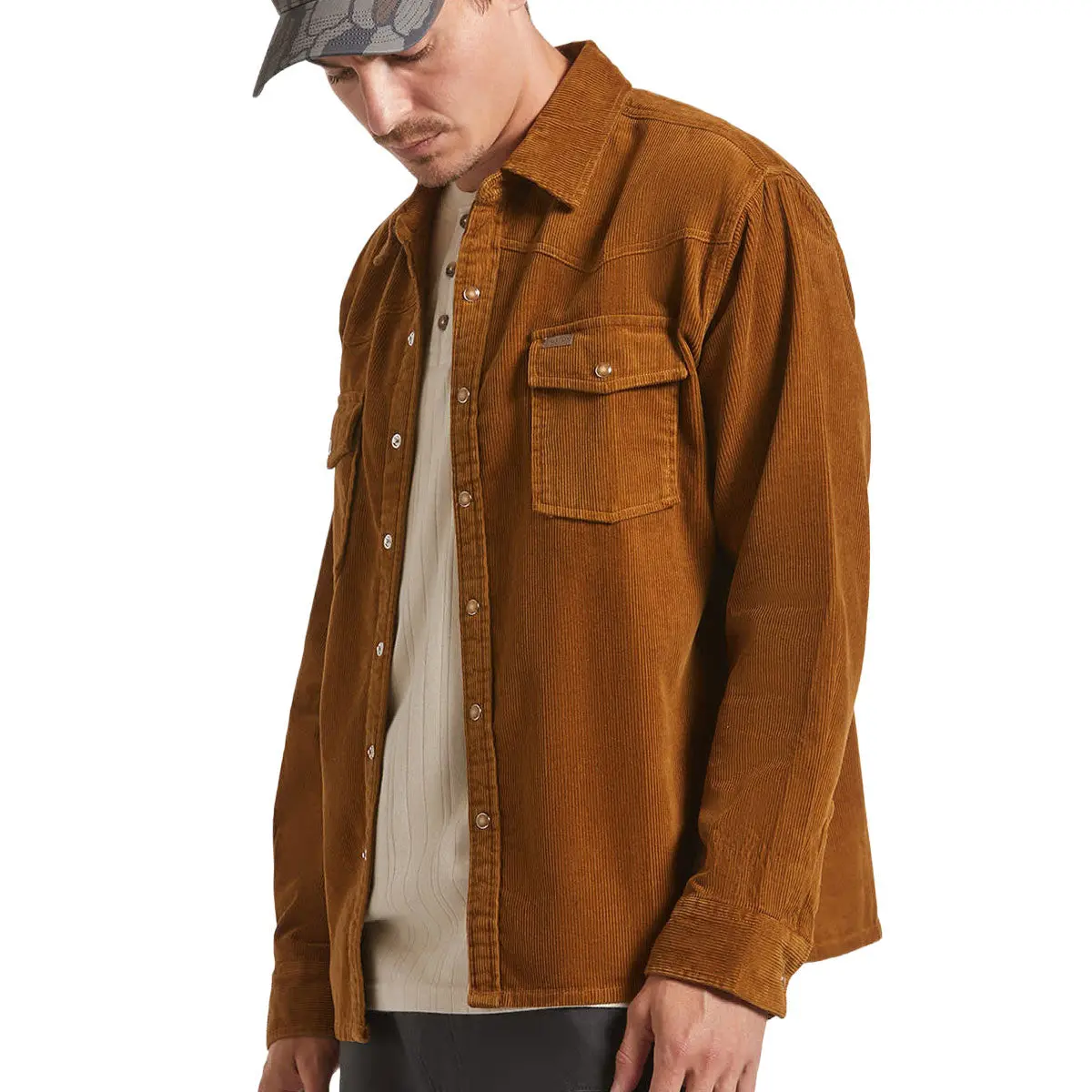 Brixton New West Relaxed Long Sleeve Over Shirt - Washed Copper Corduroy 1