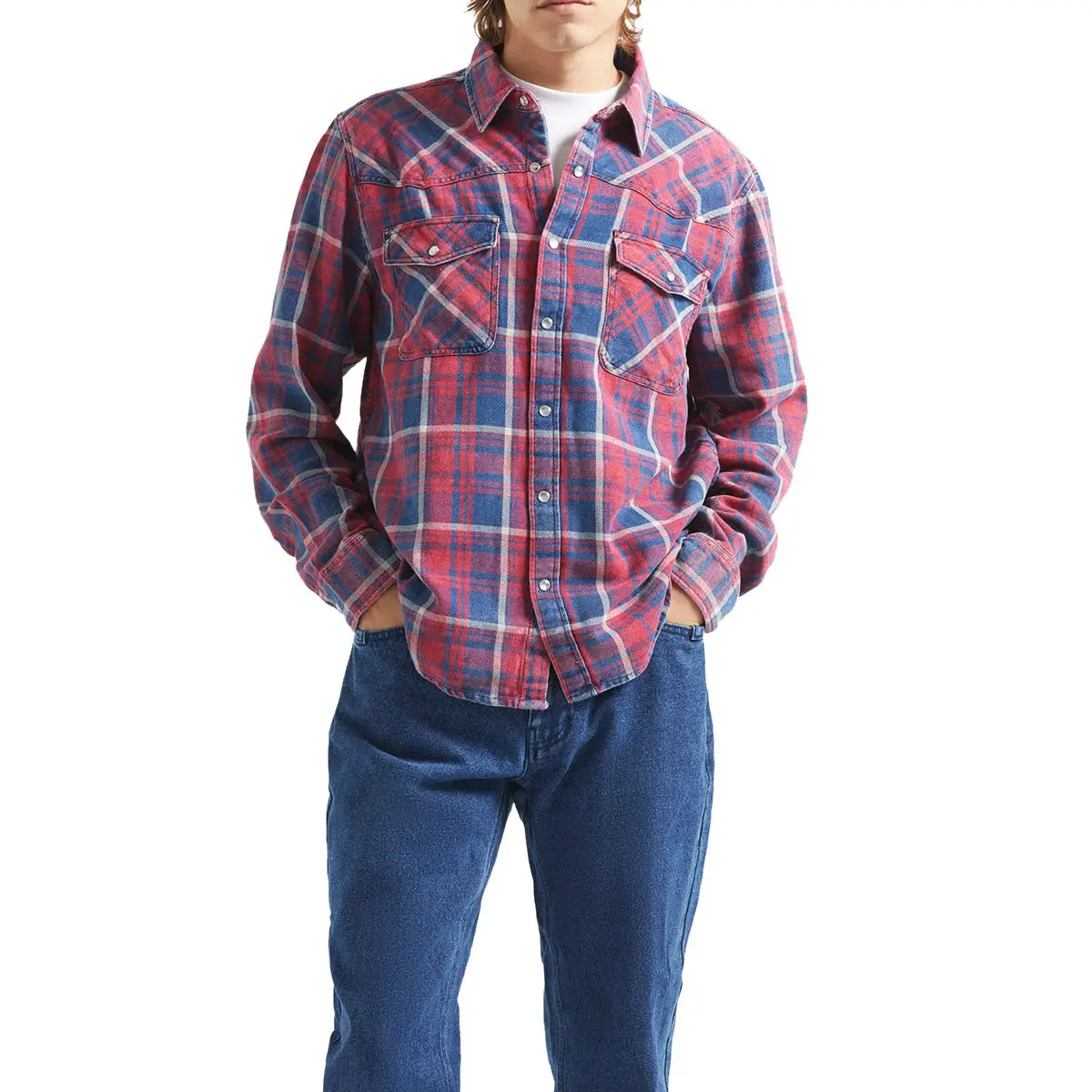 Brixton Waylon Lightweight Long Sleeve Over Shirt - Denim Plaid 1