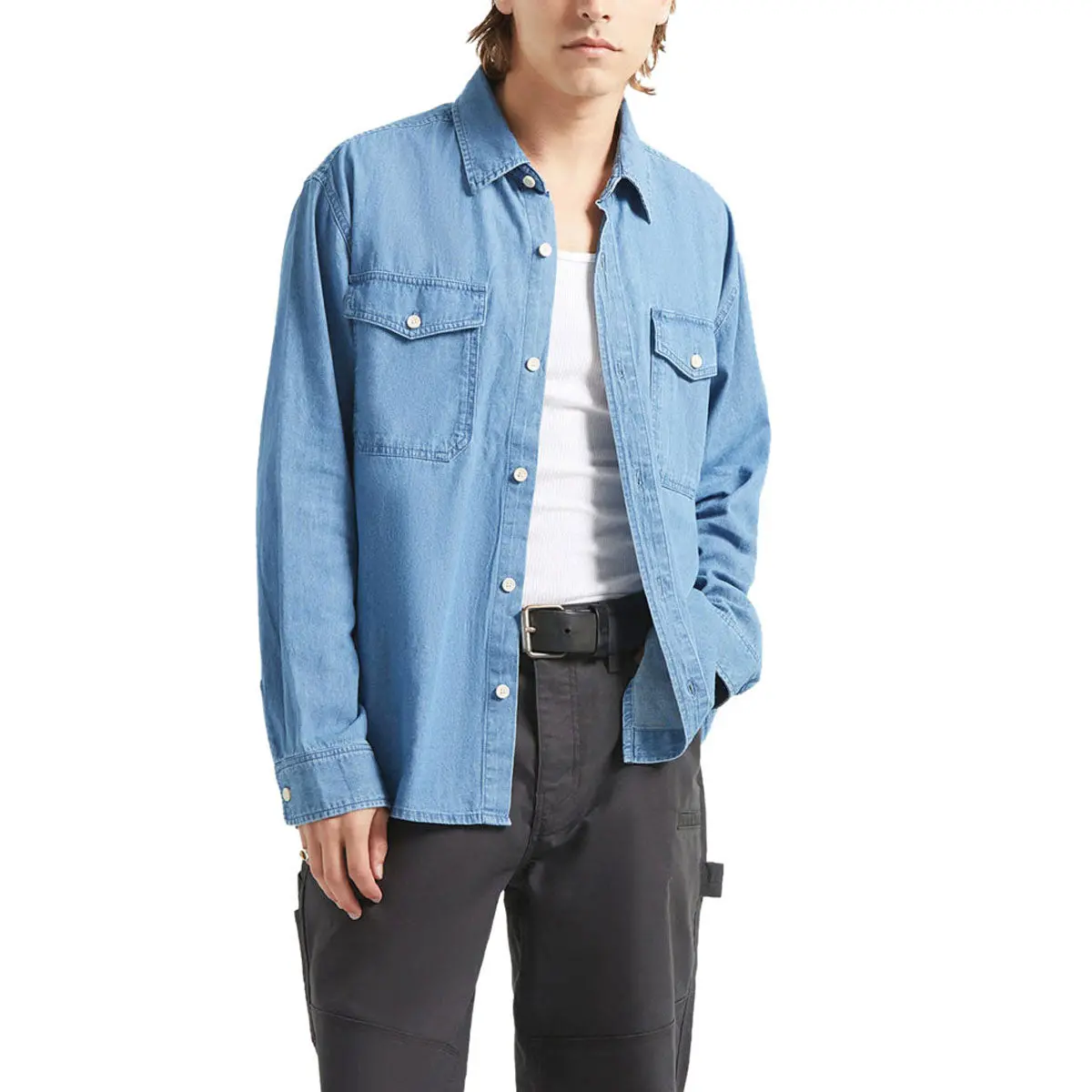 Brixton Waylon Lightweight Long Sleeve Over Shirt - Med Wash Chambrey 1