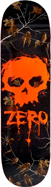 Zero X Real Tree 8.25-inch skateboard deck in vibrant orange featuring a bold single-skull design