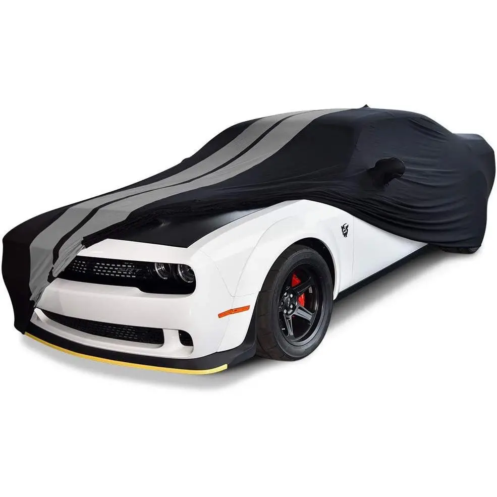 2008-2023 Dodge Challenger Ultraguard Stretch Satin Indoor Car Cover : Sport Series - Black With Gray Stripes 2