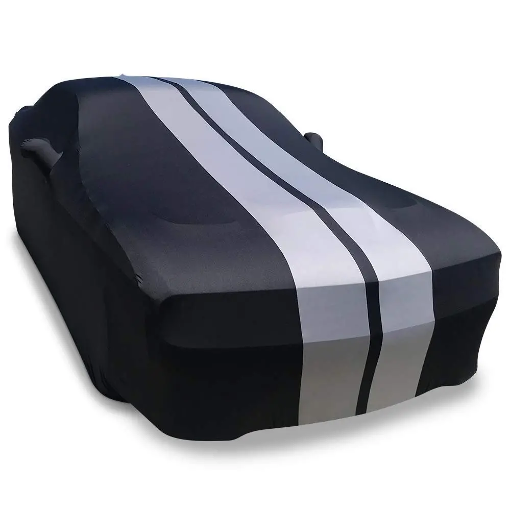 2008-2023 Dodge Challenger Ultraguard Stretch Satin Indoor Car Cover : Sport Series - Black With Gray Stripes 1