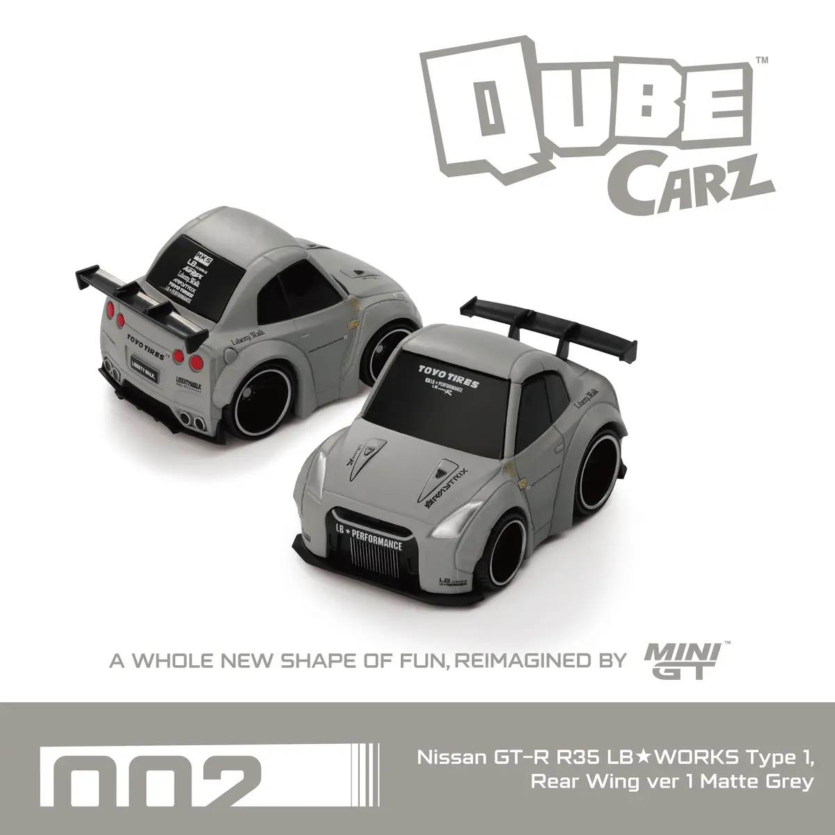 Mini Gt Qube Carz Series 1 Liberty Walk Nissan Gt-R R35 Lb-Works Type 1, Rear Wing Ver 1 Matte Grey 1
