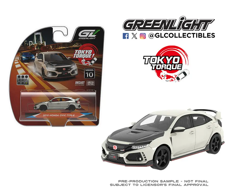 (Coming Soon) Greenlight 1:64 Tokyo Torque Series 10 – 2018 Honda Civic Type-R (Fk8) With Custom Wheels And Carbon Hood – Championship White – Solid Pack 1