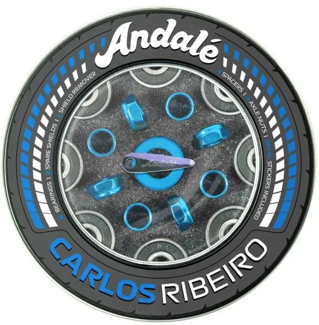 Premium Andale Carlos Ribeiro pro-grade skateboard bearings featuring integrated locking nuts for enhanced stability and performance.
