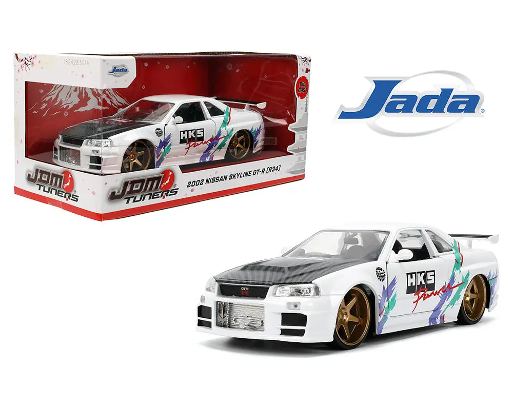 Jada 1:24 2002 Nissan Skyline Gt-R (R34) – White With Carbon Fiber Hood And Hks Graphics – Jdm Tuners 1