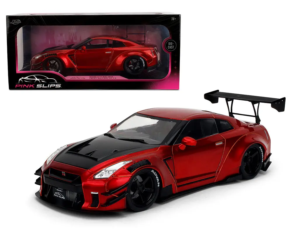 Jada  1/18 Nissan Gt-R (R35) Liberty Walk Body Kit 2.0 – Candy Red With Carbon Black Hood – Pink Slips 1