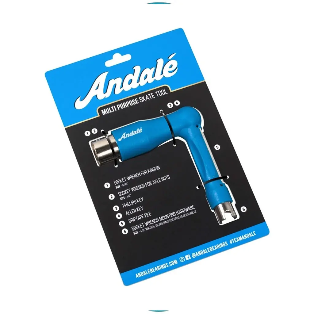 The Andale Blue Skate Tool is a versatile, compact multi-tool designed specifically for inline and roller skates—featuring adjustable wrenches, hex keys, and a built-in skate key for quick, on-the-go maintenance.