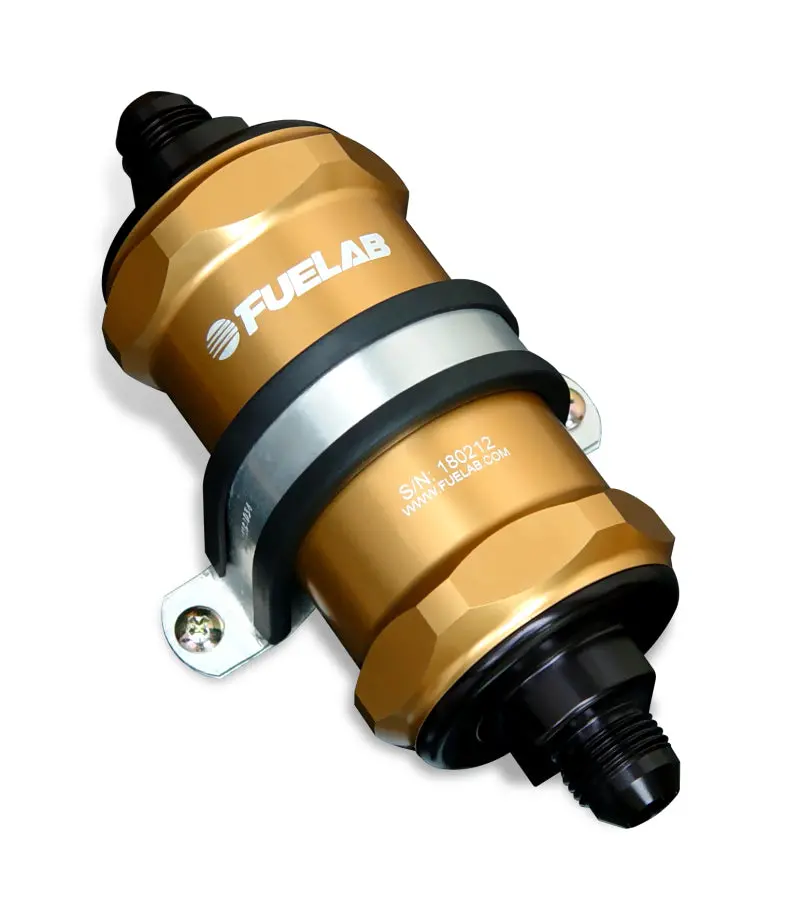 Fuelab 818 In-Line Fuel Filter: -6An In / -12An Out, 40-Micron Stainless, Gold Finish 1