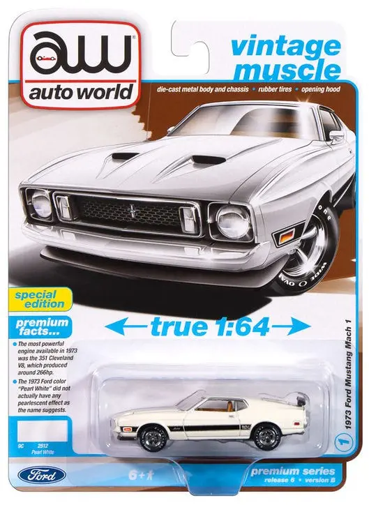 1973 Ford Mustang Mach 1 White Auto World Premium Series 6 1:64 Scale 1