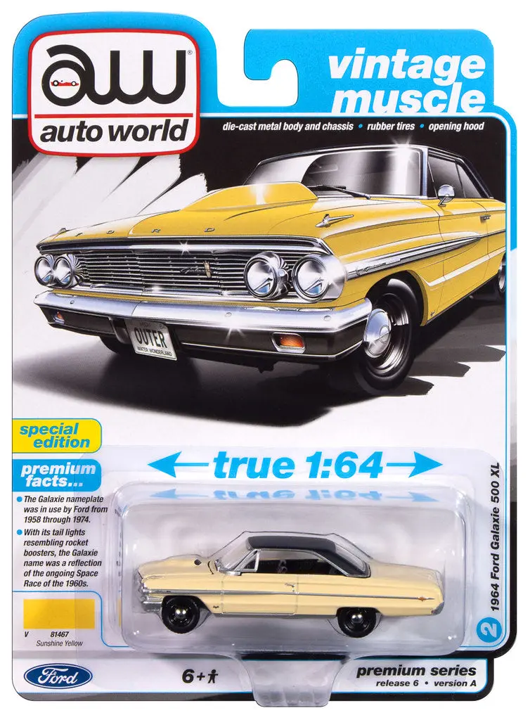 1964 Ford Galaxie 500 Yellow Auto World Premium Series 6 1:64 Scale 1