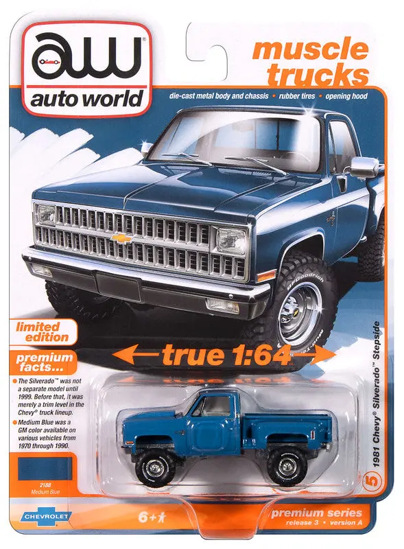 1981 Chevrolet Silverado 10 Blue Auto World Premium 1:64 Scale 1