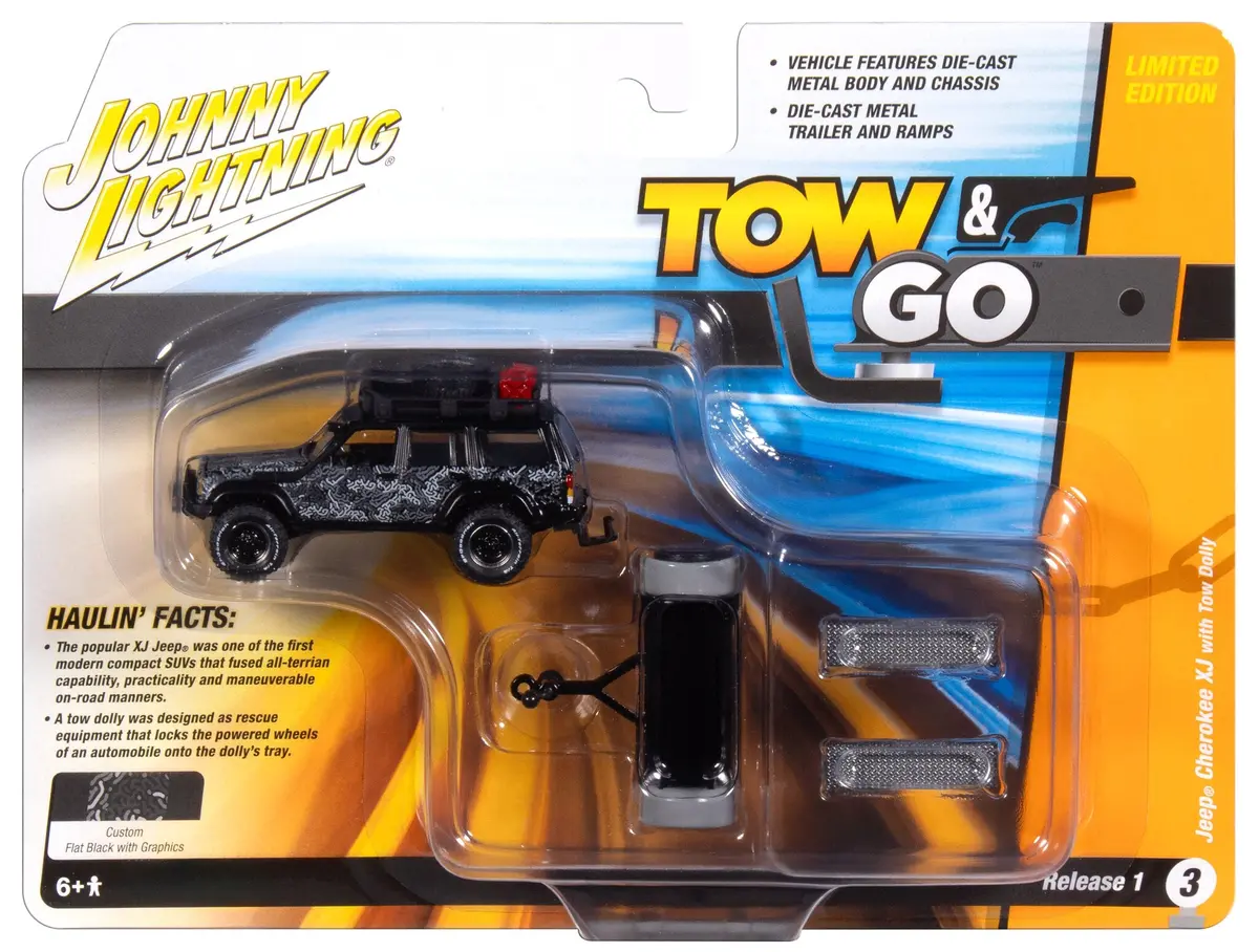 Jeep Cherokee Xj & Tow Dolly-Black Johnny Lightning Tow & Go 1:64 Scale 1