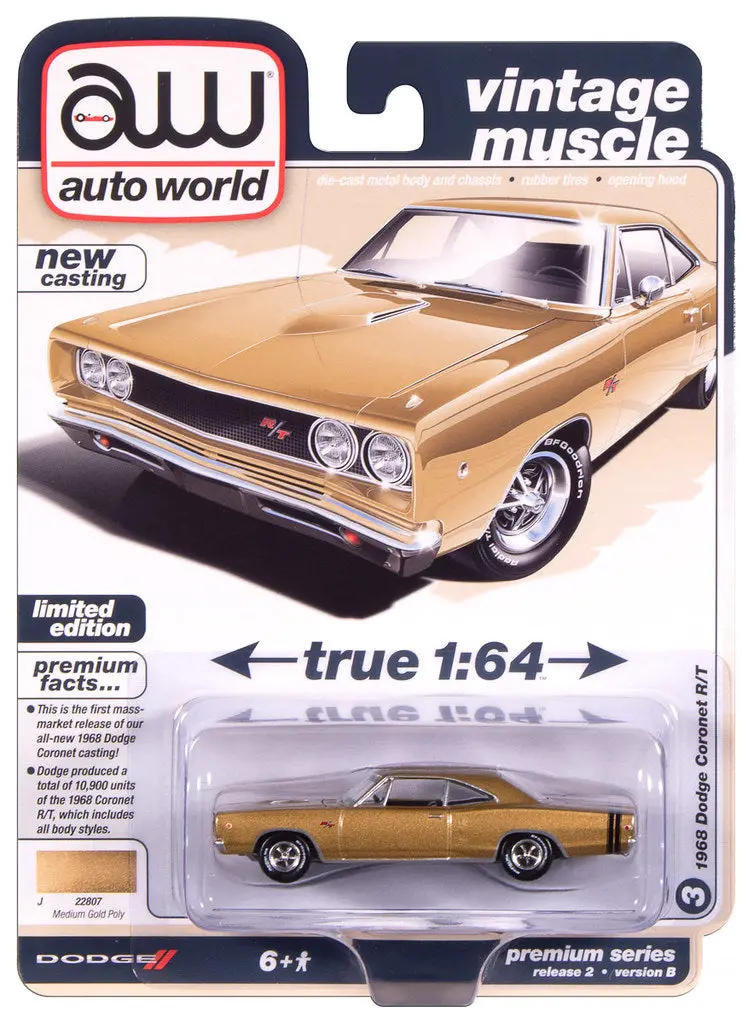 1968 Dodge Coronet R/T Gold Auto World Premium 1:64 Scale 1