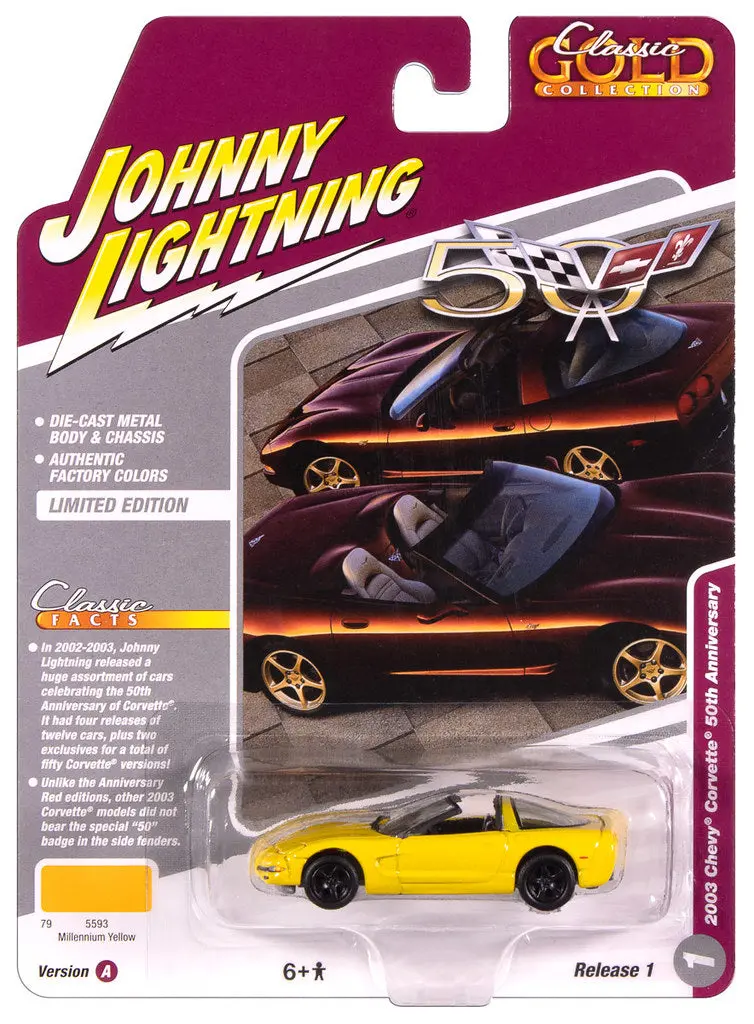 2003 Chevrolet Corvette 50Th Anniversary Yellow Johnny Lightning Classic Gold 1:64 Scale 1