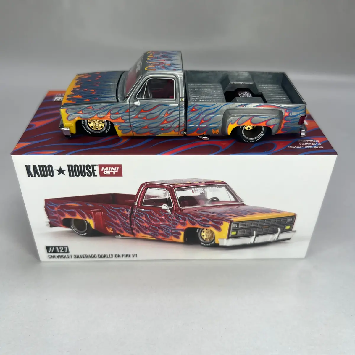 Chase Kaido House X Mini Gt 1:64 #127 Chevrolet Silverado Dually On Fire V1 1