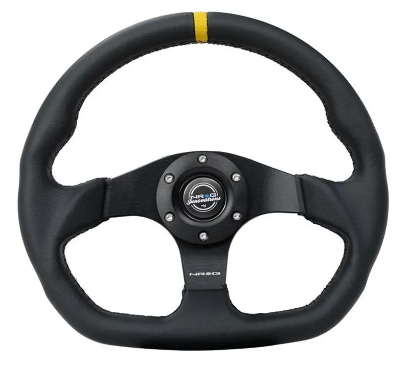 Nrg 320Mm Sport Leather Steering Wheel – Flat Bottom, Dual Push Buttons, Yellow Center Stripe 1