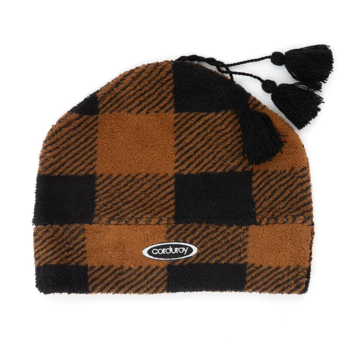 Corduroy Fleece Tassle Beanie - Plaid 1