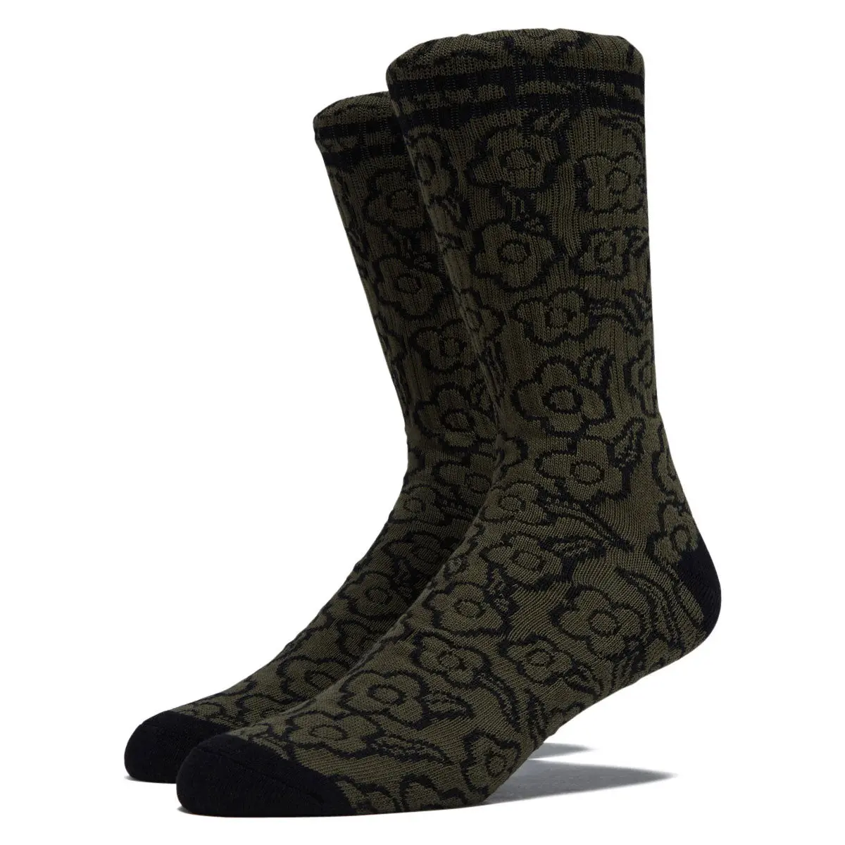 Krooked Multi Flowers Socks - Olive/Black 1