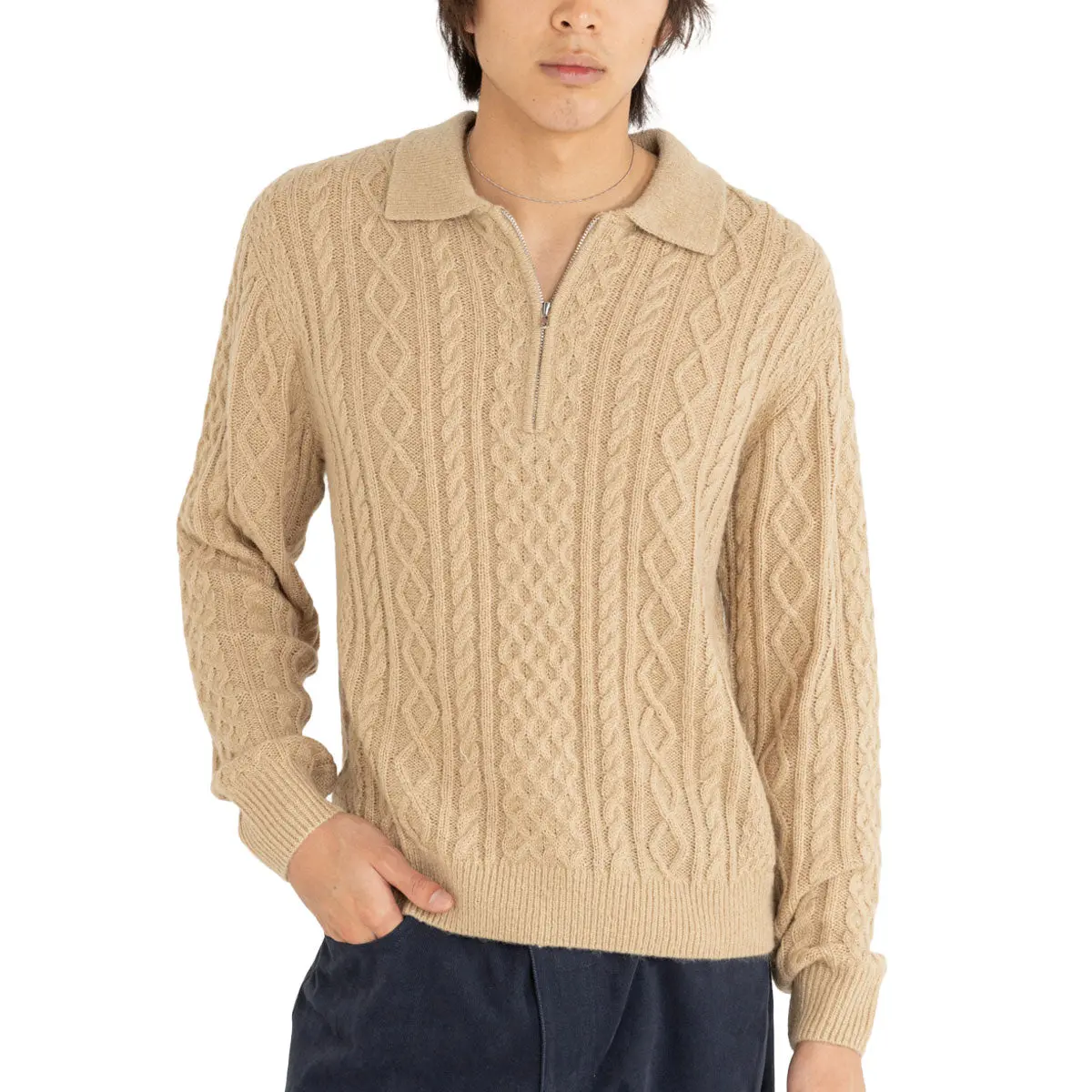 Rhythm Mohair Quarter Zip Fisherman Knit Sweater - Incense 1