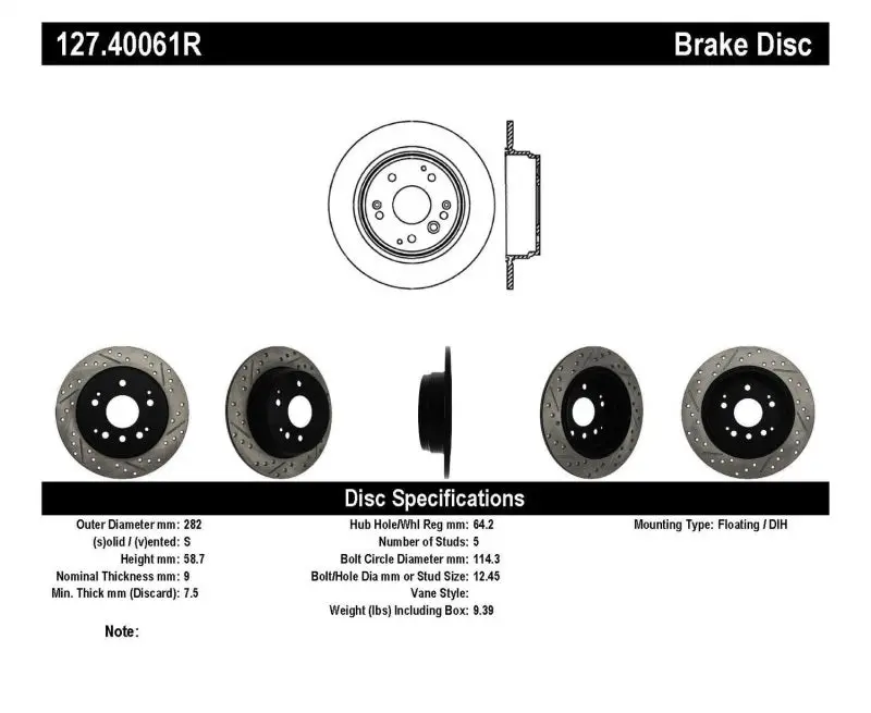 Stoptech Slotted And Drilled Rear Brake Rotor For 2004–2008 Acura Tl & 2003–2009 Honda Element 1
