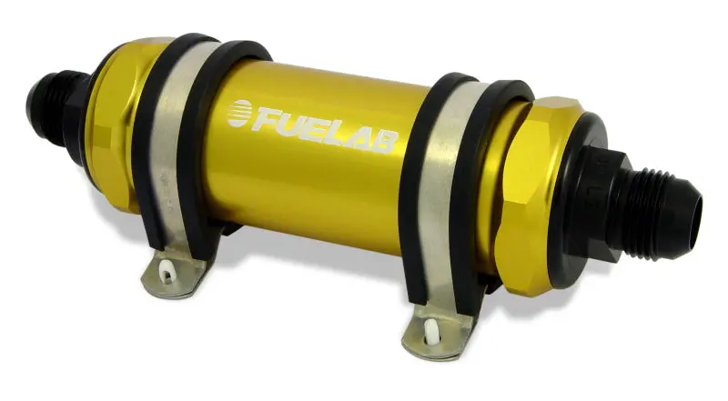 Fuelab 858 Inline Fuel Filter – -8 An In/Out, 10-Micron Stainless Mesh With Integrated Check Valve (Gold) 1