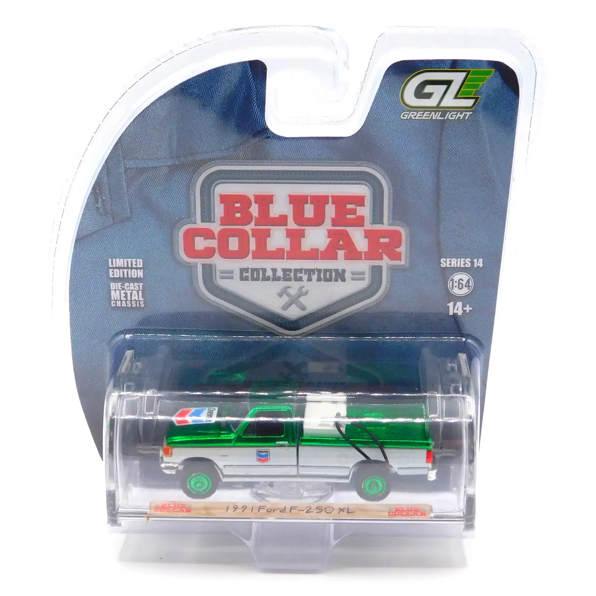 Green Machine 1991 Ford F-250 Chevron 1:64 Diecast Blue Collar Series 14 1