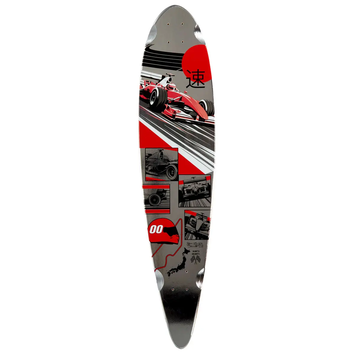 Daddies Race Car Foil Pintail Longboard Deck - Silver Foil/Red 1