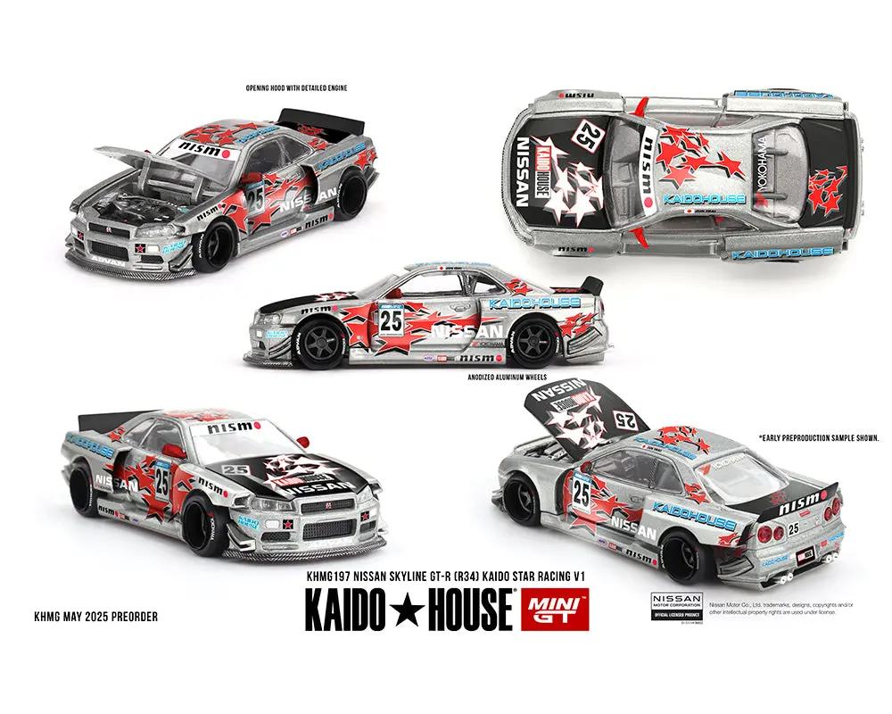 (Coming Soon) Kaido House X Mini Gt 1:64 Nissan Skyline Gt-R (R34) Kaido Star Racing V1- Silver 1