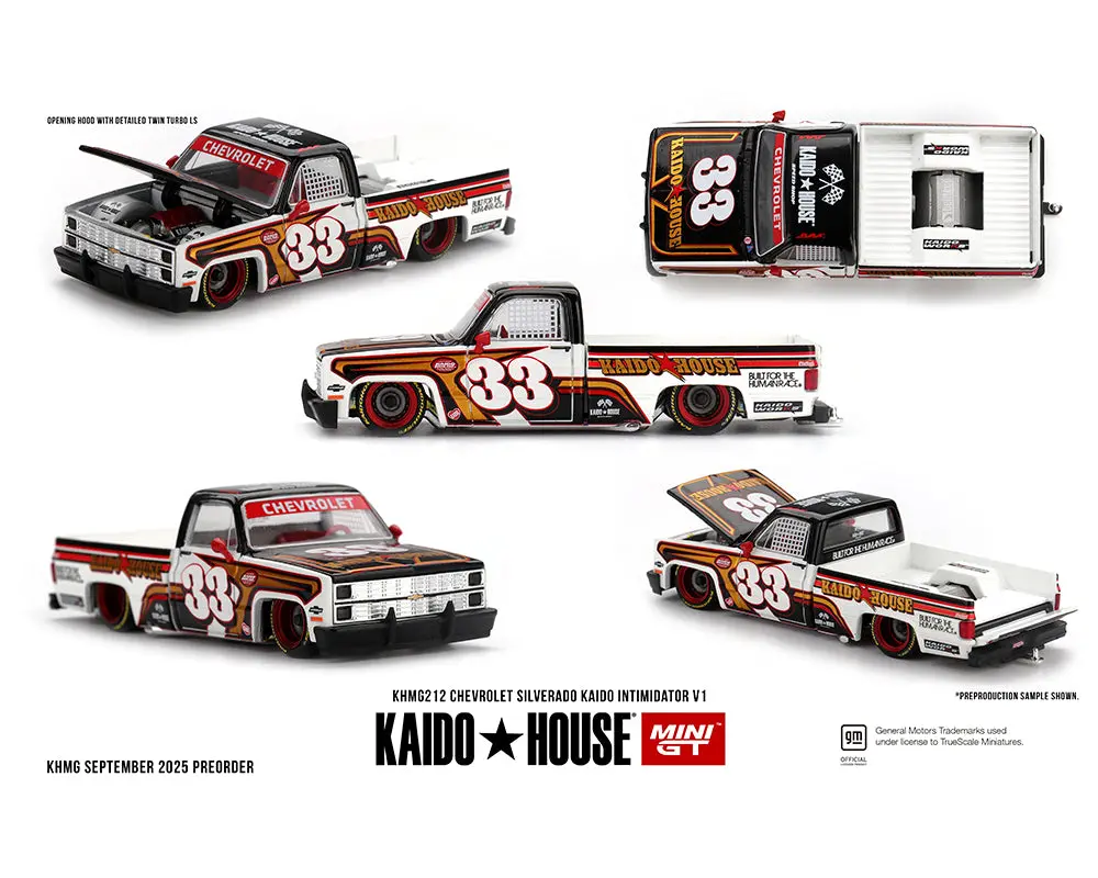 (Coming Soon) Kaido House X Mini Gt 1:64 Chevrolet Silverado Kaido Intimidator V1 – White W/ Brown Two-Tone 1