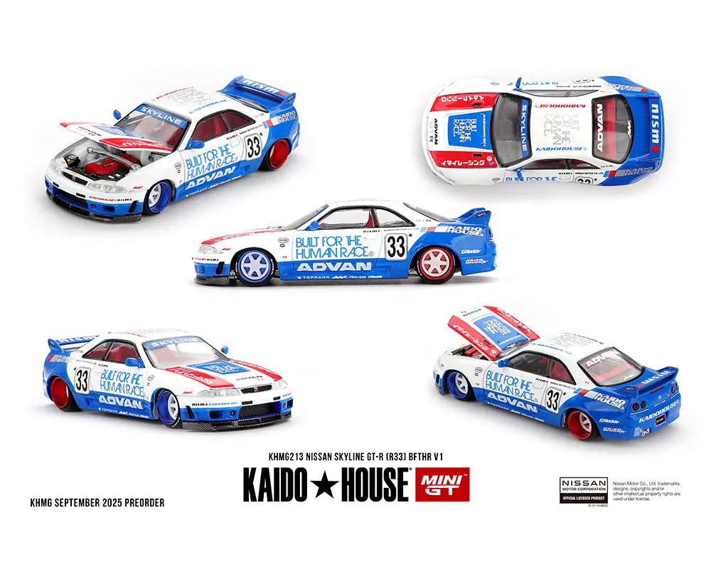 (Coming Soon) Kaido House X Mini Gt 1:64 Nissan Skyline Gt-R (R33) Bfthr V1 – White W/ Blue Two-Tone 1