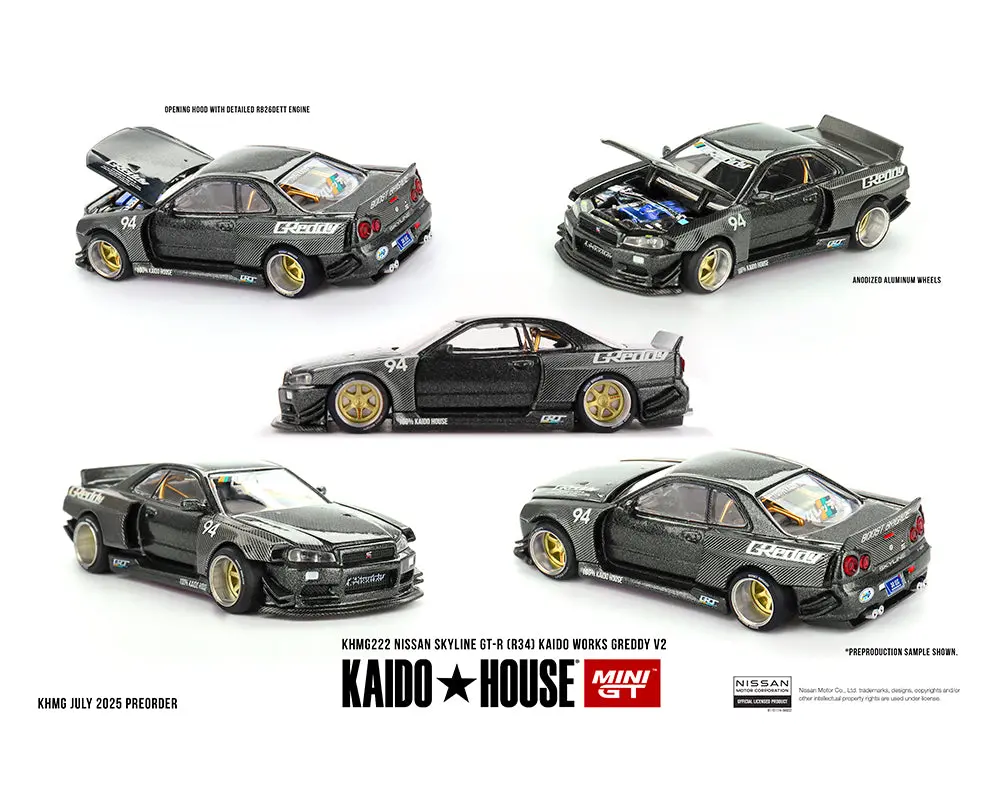 (Coming Soon) Kaido House X Mini Gt 1:64 Nissan Skyline Gt-R (R34) Kaido Works Greddy V2 – Black W/ Carbon 1