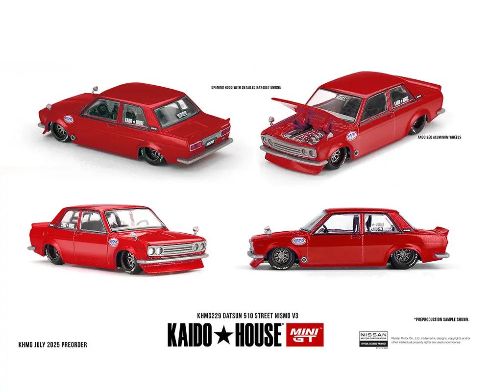 (Coming Soon) Kaido House X Mini Gt 1:64 Datsun 510 Street Nismo V3 – Red 1