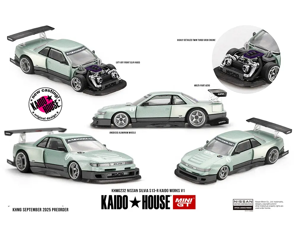 (Coming Soon) Kaido House X Mini Gt 1:64 Nissan Silvia S13-R Kaido Works V1 – Sea Foam Green 1