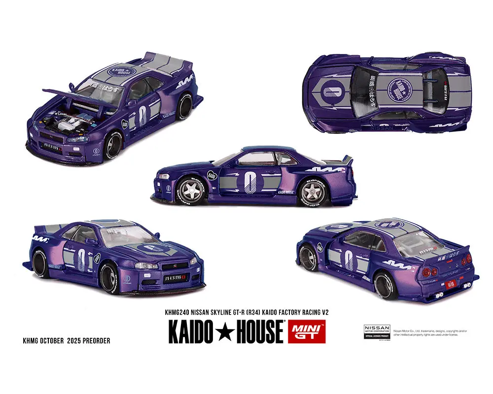 (Coming Soon) Kaido House X Mini Gt 1:64 Nissan Skyline Gt-R (R34) Kaido Factory Racing V2 – Midnight Purple 1