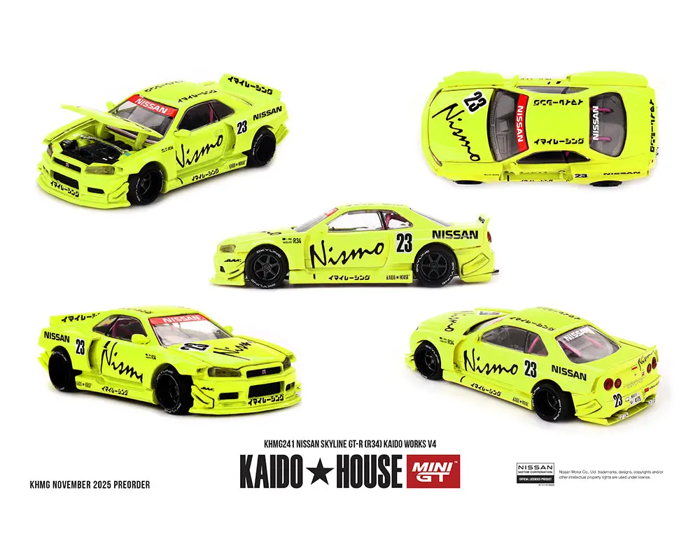 (Coming Soon) Kaido House X Mini Gt 1:64 Nissan Skyline Gt-R (R34) Kaido Works V4 – Yellow 1