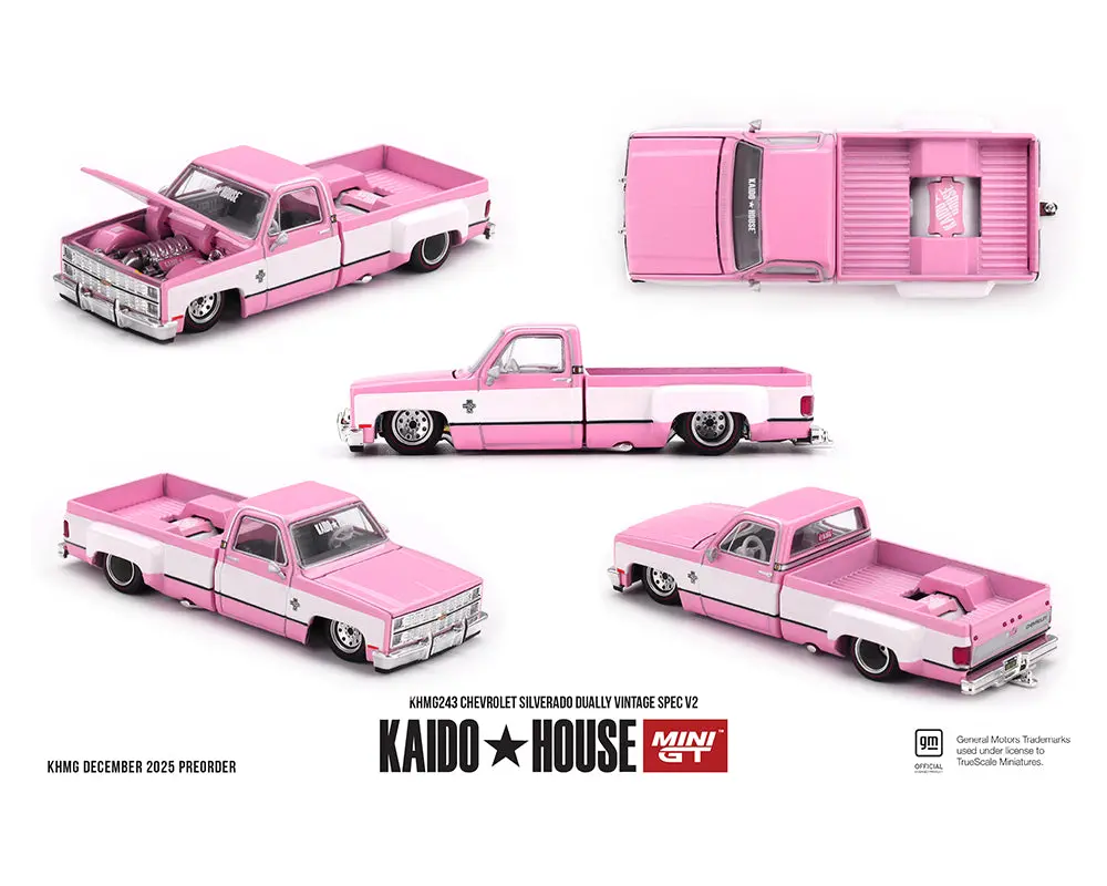 (Coming Soon) Kaido House X Mini Gt 1:64 Chevrolet Silverado Dually Vintage Spec V2 – Pink With White 1