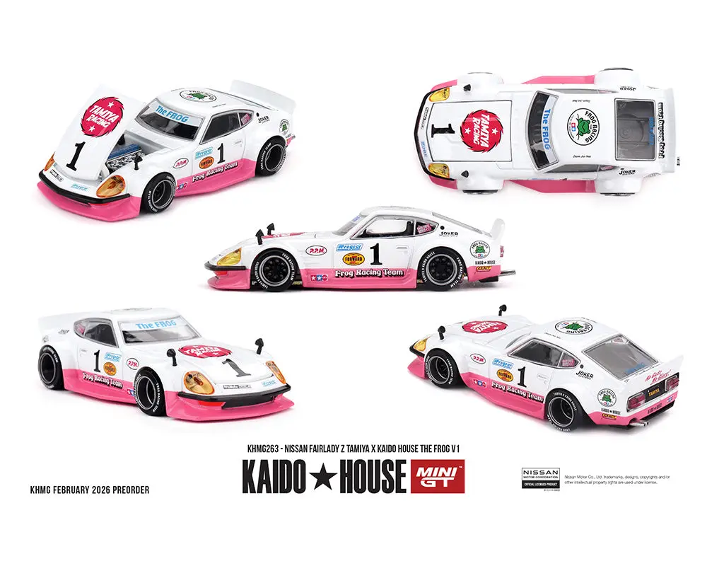 (Coming Soon) Kaido House X Mini Gt 1:64 Nissan Fairlady Z Tamiya X Kaido House The Frog V1 – White/Pink 1