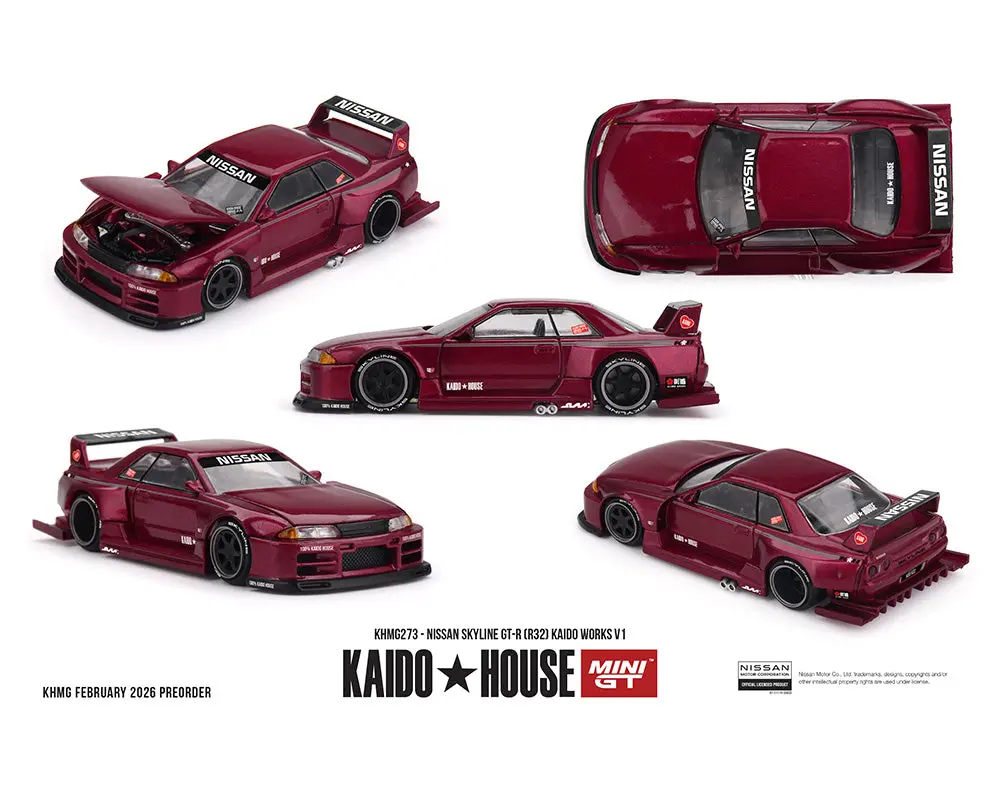 (Coming Soon) Kaido House X Mini Gt 1:64 Nissan Skyline Gt-R (R32) Kaido Works V1 – Burgundy Red 1
