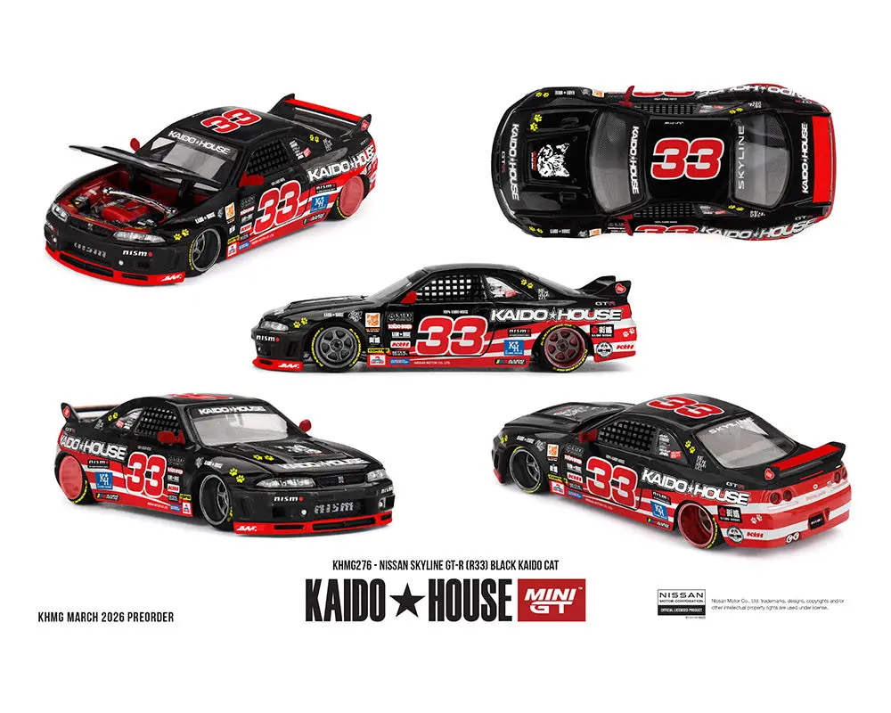 (Coming Soon) Kaido House X Mini Gt 1:64 Nissan Skyline Gt-R (R33) Black Kaido Cat – Limited Edition 1