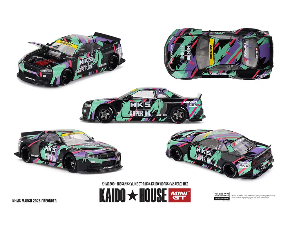(Coming Soon) Kaido House X Mini Gt 1:64 Nissan Skyline Gt-R R34 Kaido Works (V2 Aero) Hks – Limited Edition 1