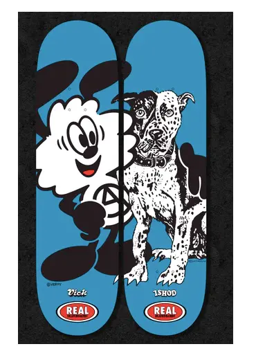 Limited-edition Real and Verdy collab skateboards featuring Ishod Wair and Vick Street — two premium decks in 8.25" and 8.5" sizes, released exclusively for Skateshop Day