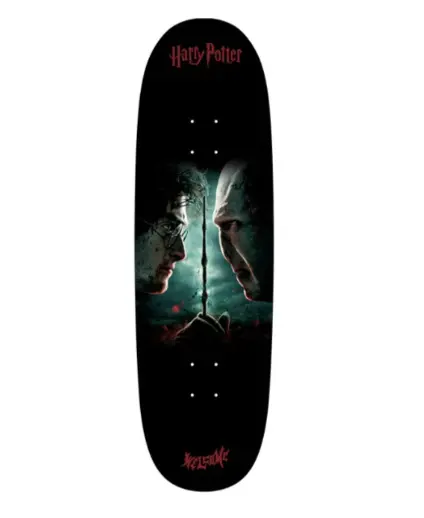 Celebrate the Harry Potter finale with this uniquely designed boline-shaped skateboard deck, measuring 9.5 inches by 33 inches.