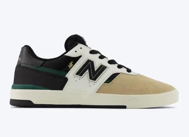Stylish New Balance Numeric Foy 306 skate shoes featuring a durable cupsole construction, classic beige-and-black colorway, and responsive board feel.