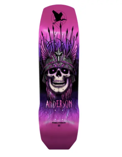 Powell Peralta Andy Anderson Heron skateboard deck featuring vibrant pink foil artwork, precision-shaped 7-ply Canadian maple construction, and dimensions of 9.13 inches wide by 32.8 inches long.