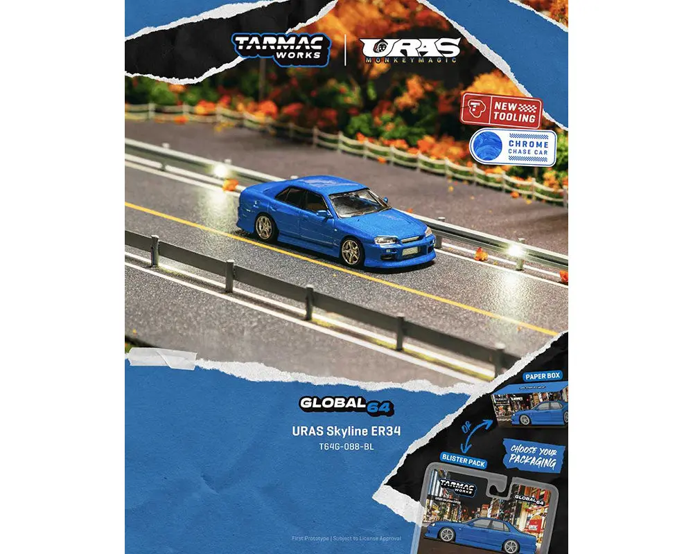 (Coming Soon) Tarmac Works 1:64 Uras Skyline Er34 – Blue – Global64 1