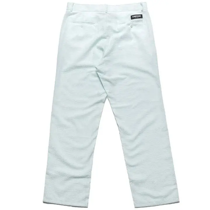 Stylish mint seersucker pants by Christie NYC featuring the iconic original logo—tailored fit, breathable fabric, and classic summer appeal in size large.